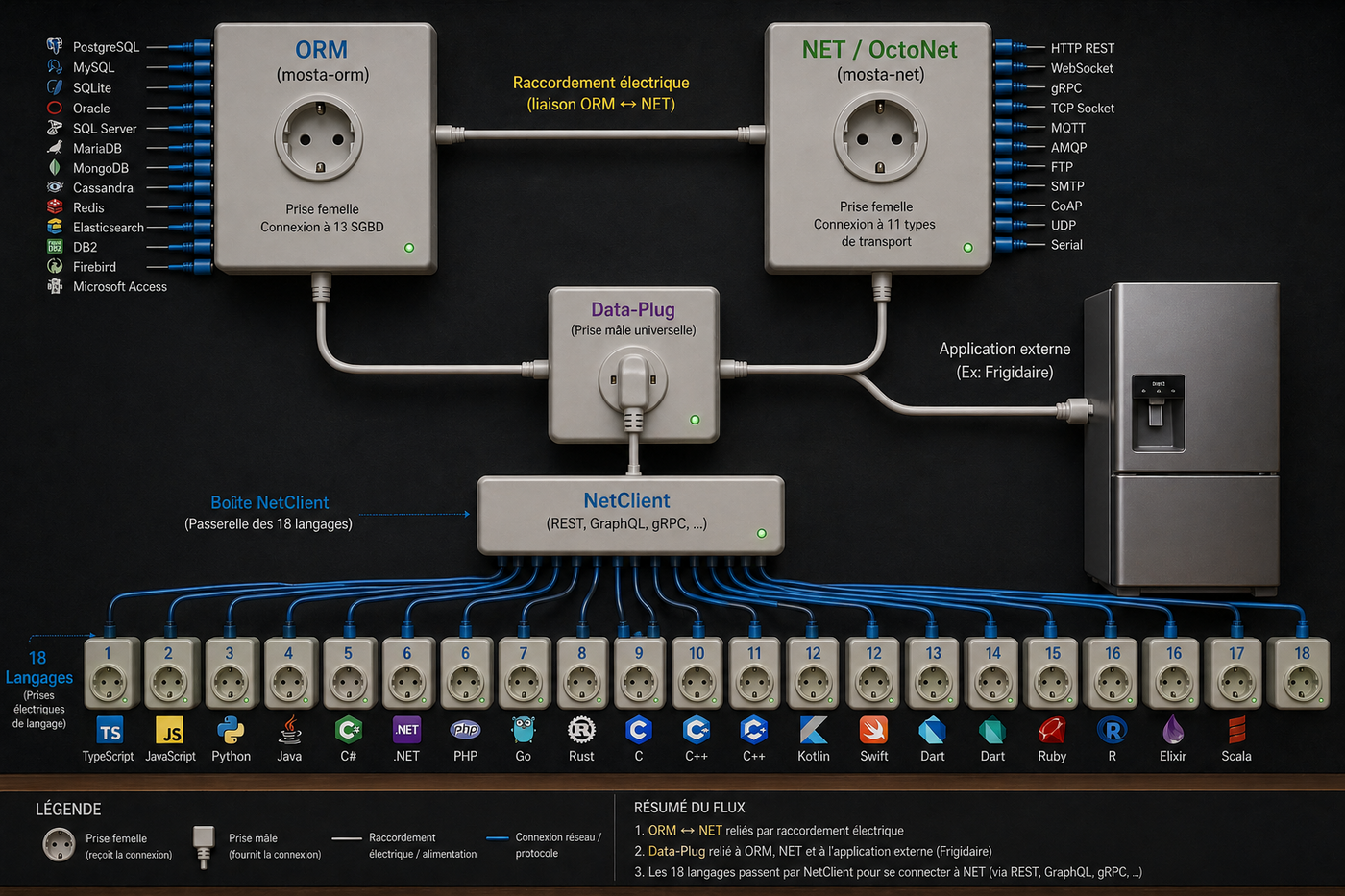 mostajs architecture: ORM ↔ NET via electrical metaphor — 13 databases on the left, 11 transports on the right, Data-Plug central, NetClient connecting 18 polyglot languages